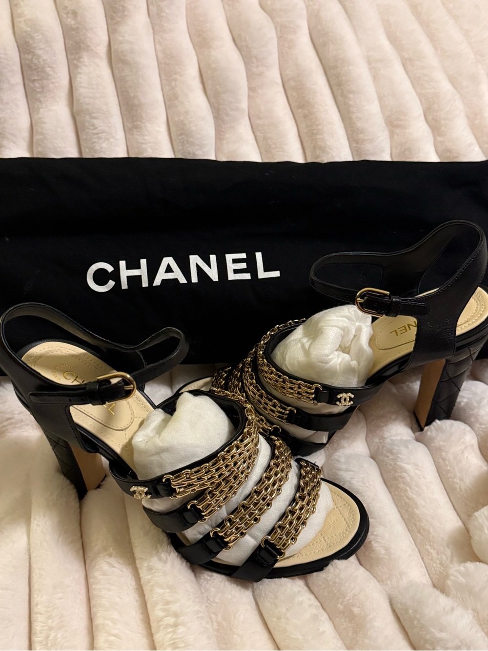 CHANEL Black Leather High-Heel Sandals with Gold Chain Straps